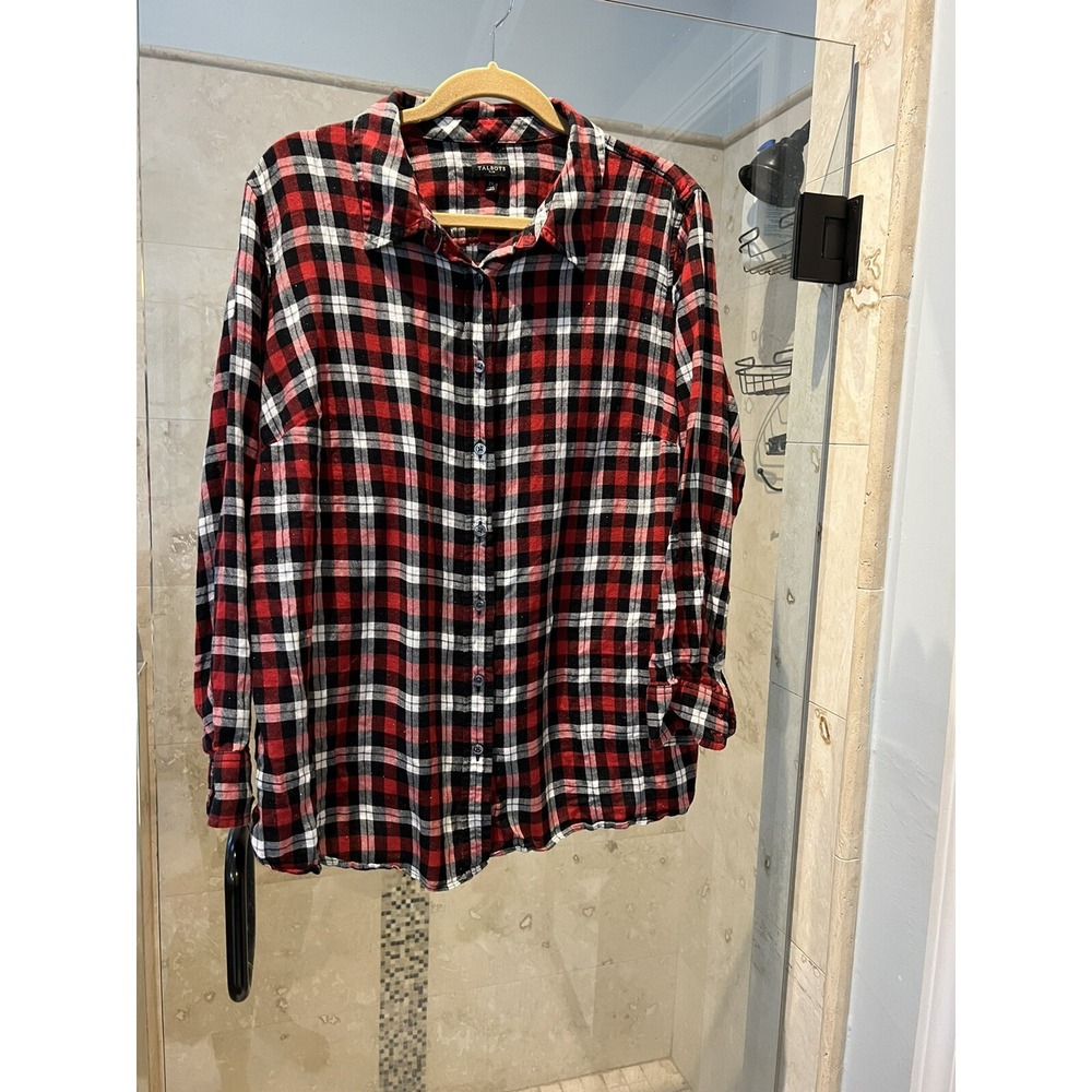 Talbots Red White Plaid Flannel Shirt Plus Size 2X Sparkle Shimmer Metallic